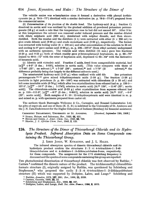 124. The structure of the dimer of thiocarbonyl chloride and its hydrolysis product. Infrared absorption data on some compounds containing the thiocarbonyl group