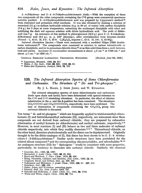 125. The infrared absorption spectra of some chloroformates and carbonates. The structure of “di- and tri-phosgene”