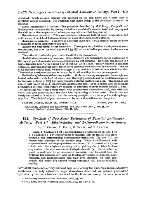 151. Synthesis of new sugar derivatives of potential antitumour activity. Part I. Ethyleneimino- and 2-chloroethylamino-derivatives