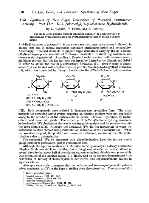 152. Synthesis of new sugar derivatives of potential antitumour activity. Part II. Di-2-(chloroethyl)-D-glucosamine hydrochloride