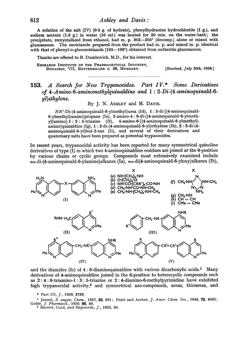 153. A search for new trypanocides. Part IV. Some derivatives of 4-amino-6-aminomethylquinaldine and 1 : 2-di-(4-aminoquinald-6-yl)ethylene