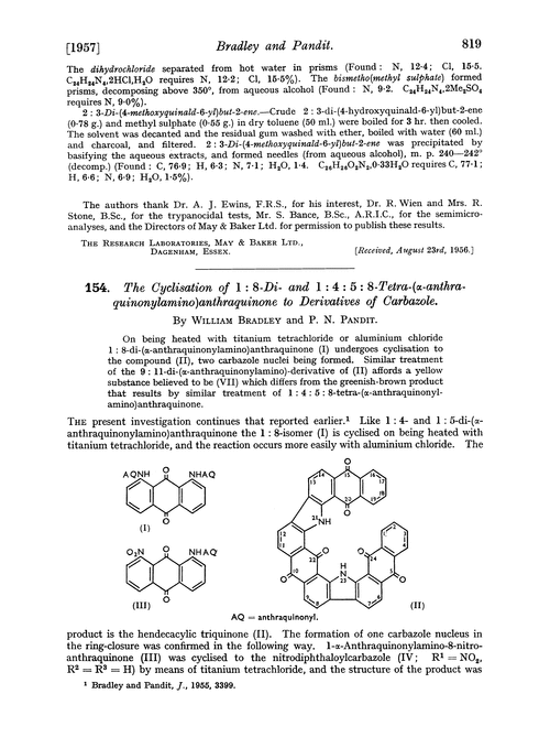 154. The cyclisation of 1: 8-di and 1 : 4 : 5 : 8-tetra-(α-anthraquinonylamino)anthraquinone to derivatives of carbazole