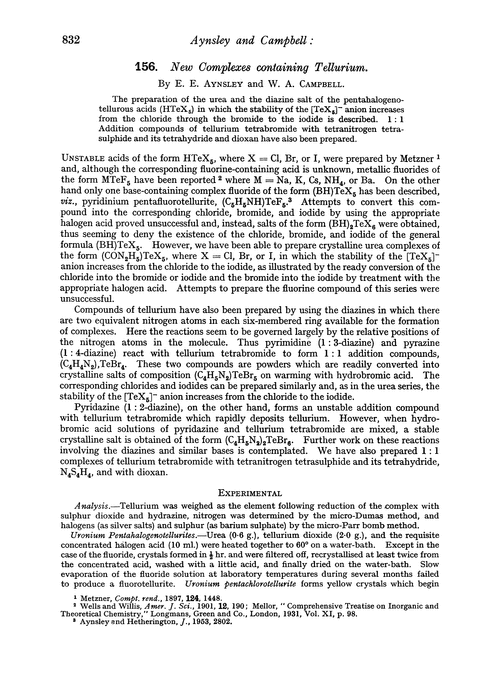 156. New complexes containing tellurium