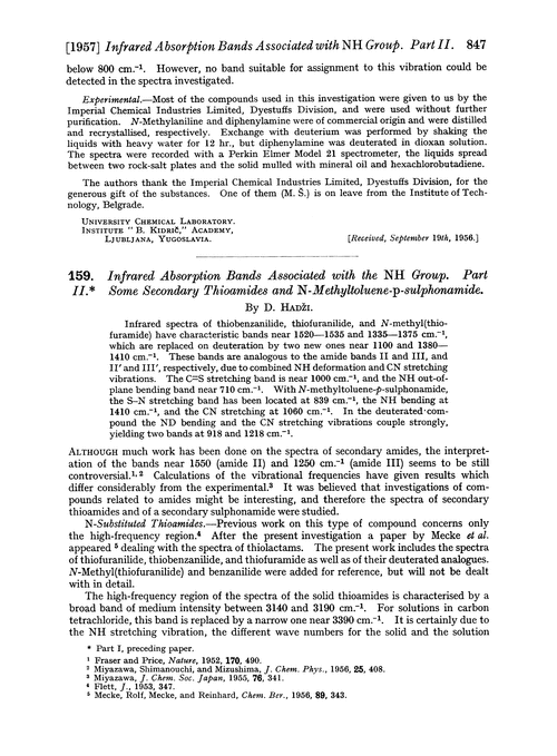 159. Infrared absorption bands associated with the NH group. Part II. Some secondary thioamides and N-methyltoluene-p-sulphonamide