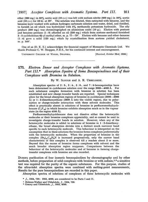 171. Electron donor and acceptor complexes with aromatic systems. Part III. Absorption spectra of some benzoquinolines and of their complexes with bromine in solution