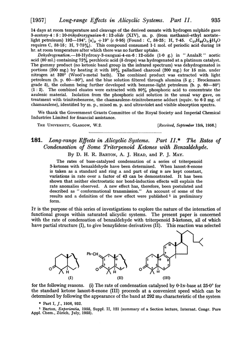 181. Long-range effects in alicyclic systems. Part II. The rates of condensation of some triterpenoid ketones with benzaldehyde