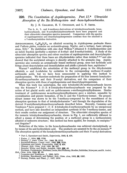 220. The constitution of aspidospermine. Part II. Ultraviolet absorption of the Bz-methoxy-tetra- and -hexa-hydrocarbazoles