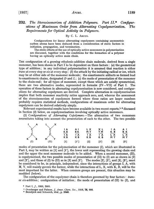 232. The stereoisomerism of addition polymers. Part II. Configurations of maximum order from alternating copolymerisation. The requirements for optical activity in polymers