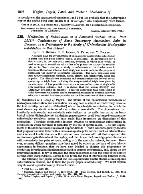 235. Mechanism of substitution at a saturated carbon atom. Part LIII. Conductances of some quaternary ammonium salts in benzene, as a preliminary to the study of unimolecular nucleophilic substitution in that solvent