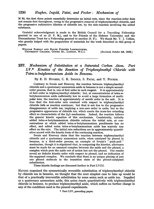 237. Mechanism of substitution at a saturated carbon atom. Part LV. Kinetics of the reaction of triphenylmethyl chloride and tetra-n-butylammonium azide in benzene