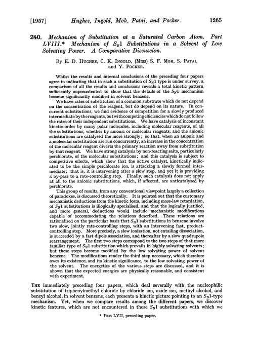 240. Mechanism of substitution at a saturated carbon atom. Part LVIII. Mechanism of SN1 substitutions in a solvent of low solvating power. A comparative discussion