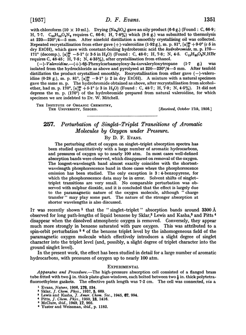257. Perturbation of singlet–triplet transitions of aromatic molecules by oxygen under pressure