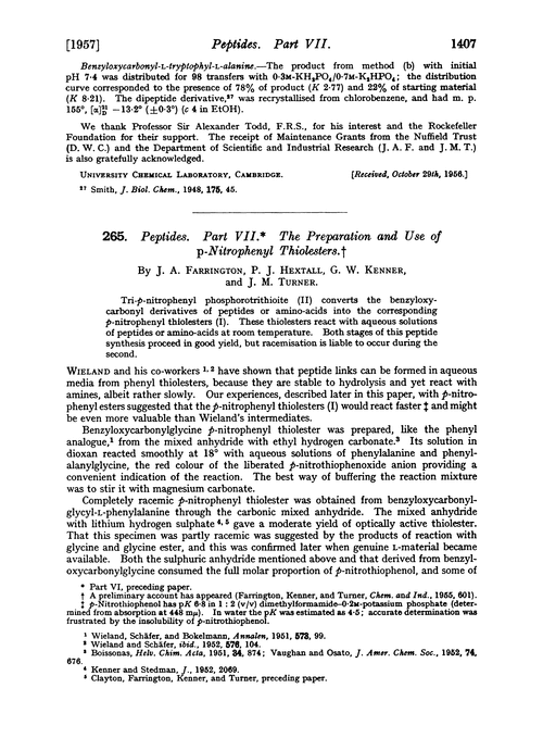 265. Peptides. Part VII. The preparation and use of p-nitrophenyl thiolesters