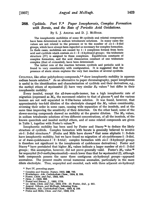 268. Cyclitols. Part V. Paper ionophoresis, complex formation with borate, and the rate of periodic acid oxidations