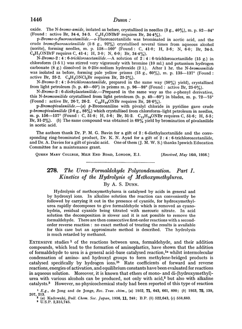 278. The urea–formaldehyde polycondensation. Part I. Kinetics of the hydrolysis of methoxymethylurea