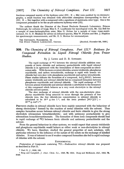 309. The chemistry of nitrosyl complexes. Part III. Evidence for compound formation in liquid nitrosyl chloride from tracer studies