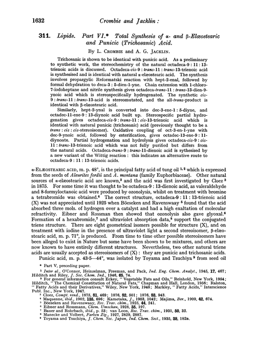 311. Lipids. Part VI. Total synthesis of α- and β-elæostearic and punicic (trichosanic) acid