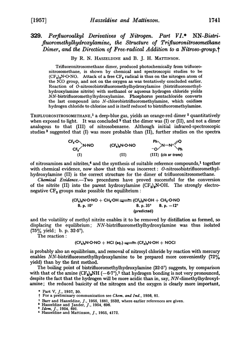 329. Perfluoroalkyl derivatives of nitrogen. Part VI. NN-bistrifluoromethylhydroxylamine, the structure of trifluoronitrosomethane dimer, and the direction of free-radical addition to a nitroso-group