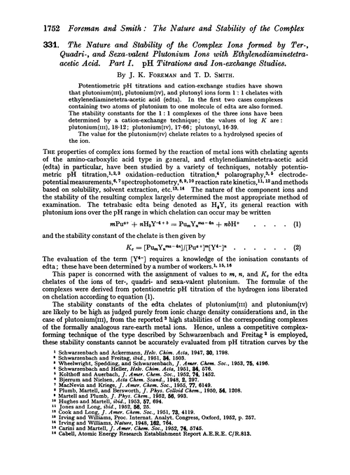 331. The nature and stability of the complex ions formed by ter-, quadri-, and sexa-valent plutonium ions with ethylenediaminetetraacetic acid. Part I. pH titrations and ion-exchange studies