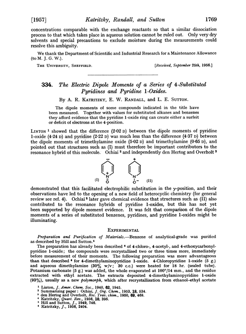 334. The electric dipole moments of a series of 4-substituted pyridines and pyridine 1-oxides