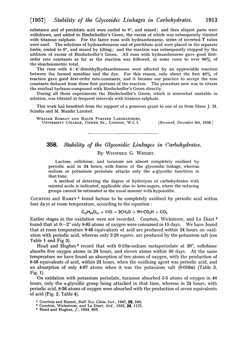 358. Stability of the glycosidic linkages in carbohydrates