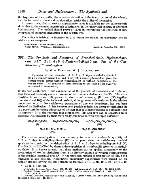 382. The synthesis and reactions of branched-chain hydrocarbons. Part XI. 2 : 2 : 4 : 6 : 6-Pentamethylhept-3-ene, one of the constituents of triisobutylene
