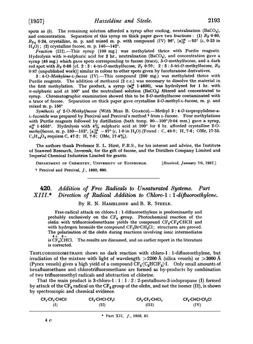 420. Addition of free radicals to unsaturated systems. Part XIII. Direction of radical addition to chloro-1 : 1-difluoroethylene