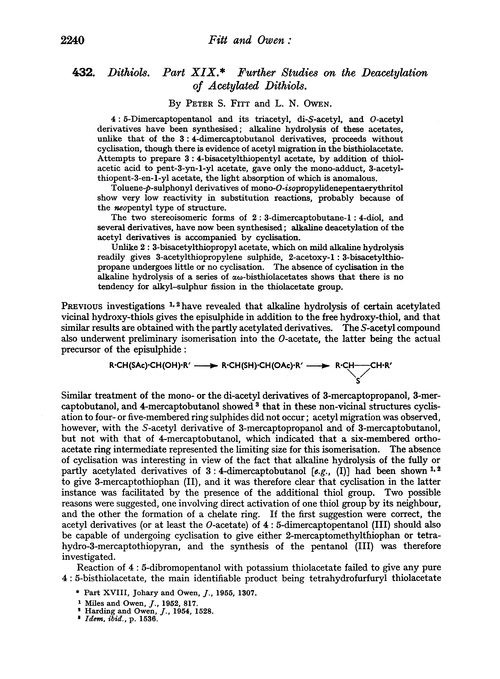 432. Dithiols. Part XIX. Further studies on the deacetylation of acetylated dithiols