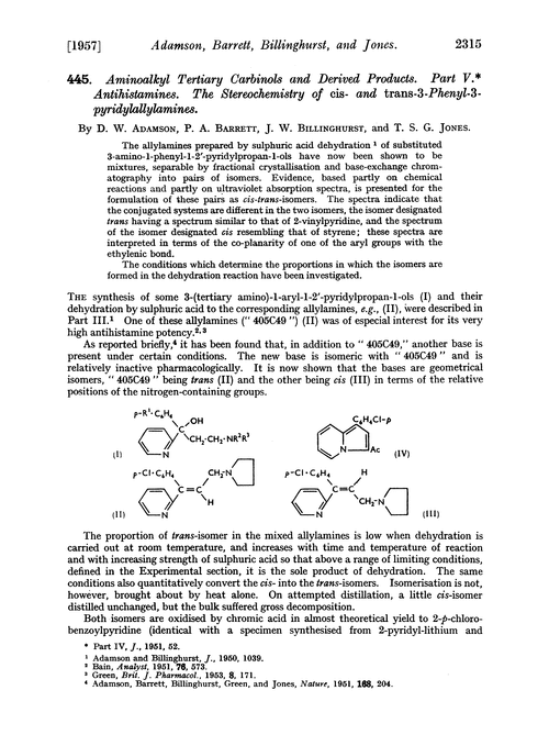 445. Aminoalkyl tertiary carbinols and derived products. Part V. Antihistamines. The stereochemistry of cis- and trans-3-phenyl-3-pyridylallylamines