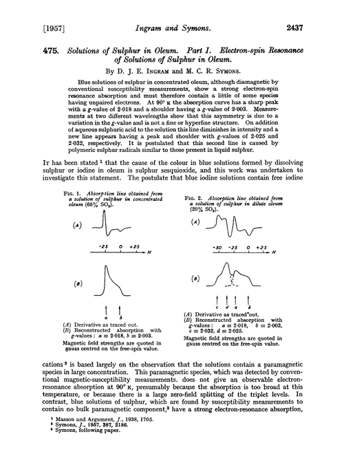 475. Solutions of sulphur in oleum. Part I. Electron-spin resonance of solutions of sulphur in oleum