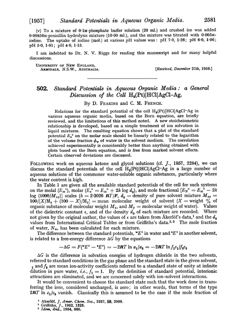 502. Standard potentials in aqueous organic media : a general discussion of the cell H2(Pt)|HCl|AgCl–Ag