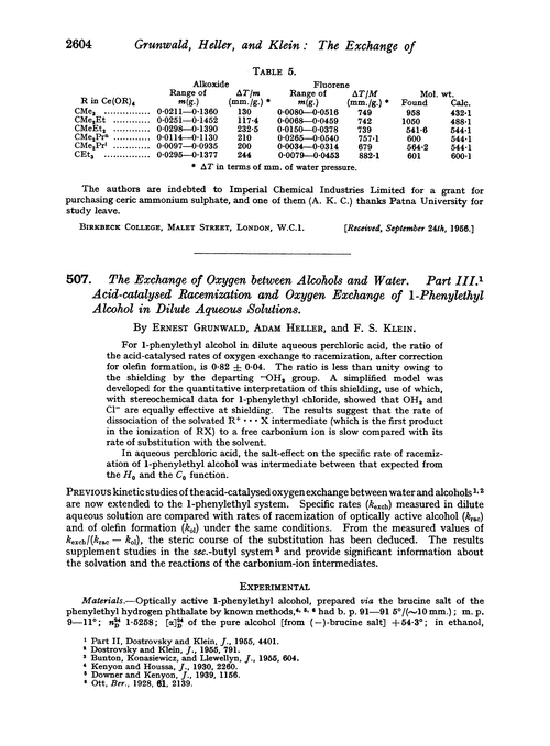 507. The exchange of oxygen between alcohols and water. Part III. Acid-catalysed racemization and oxygen exchange of 1-phenylethyl alcohol in dilute aqueous solutions