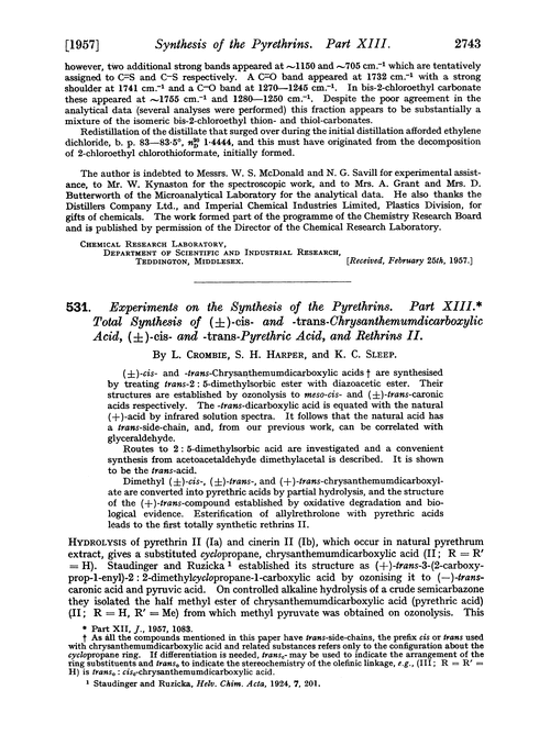 531. Experiments on the synthesis of the pyrethrins. Part XIII. Total synthesis of (±)-cis- and -trans-chrysanthemumdicarboxylic acid, (±)-cis- and -trans-pyrethric acid, and rethrins II