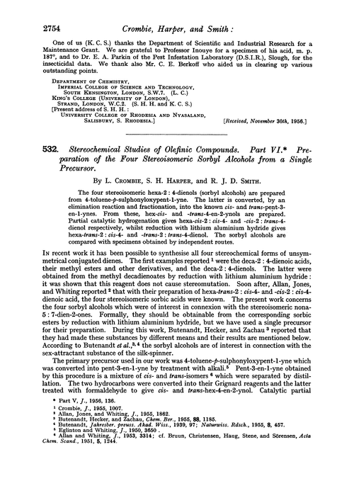 532. Stereochemical studies of olefinic compounds. Part VI. Preparation of the four stereoisomeric sorbyl alcohols from a single precursor