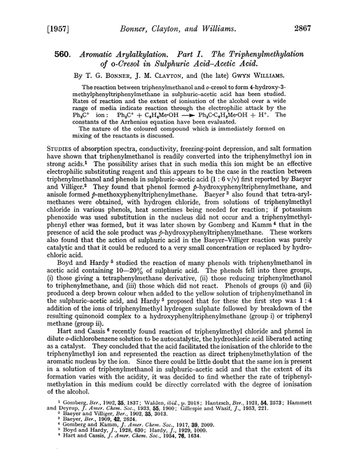 560. Aromatic arylalkylation. Part I. The triphenylmethylation of o-cresol in sulphuric acid–acetic acid