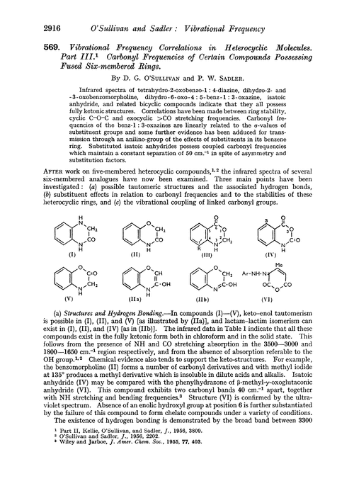 569. Vibrational frequency correlations in heterocyclic molecules. Part III. Carbonyl frequencies of certain compounds possessing fused six-membered rings