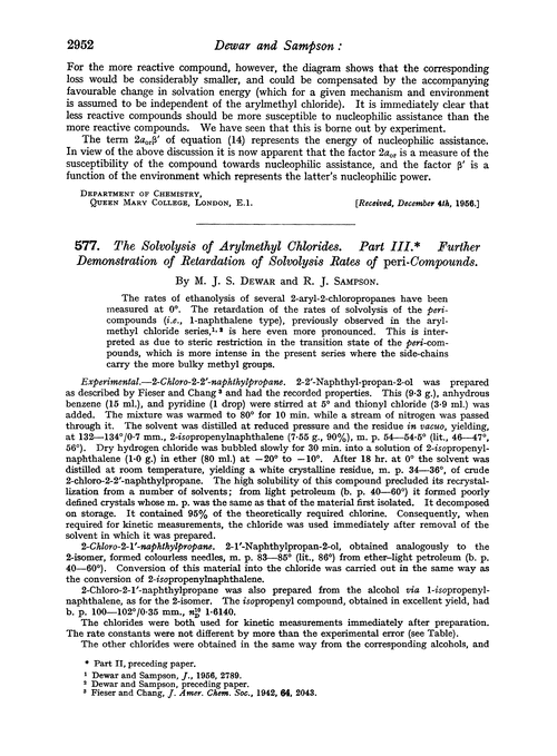 577. The solvolysis of arylmethyl chlorides. Part III. Further demonstration of retardation of solvolysis rates of peri-compounds