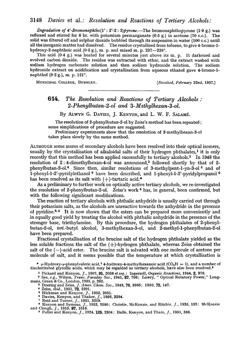 614. The resolution and reactions of tertiary alcohols : 2-phenylbutan-2-ol and 3-methylhexan-3-ol