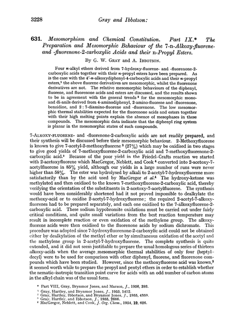 631. Mesomorphism and chemical constitution. Part IX. The preparation and mesomorphic behaviour of the 7-n-alkoxy-fluorene- and -fluorenone-2-carboxylic acids and their n-propyl esters