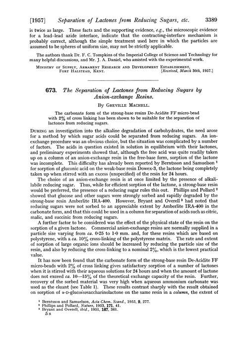 673. The separation of lactones from reducing sugars by anion-exchange resins