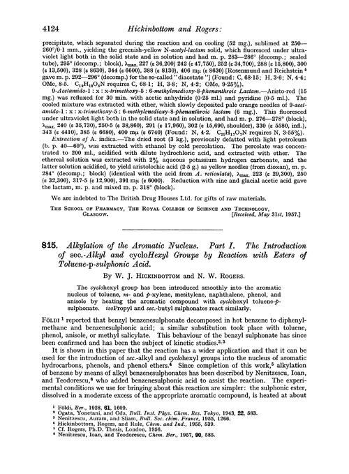 815. Alkylation of the aromatic nucleus. Part I. The introduction of sec.-alkyl and cyclohexyl groups by reaction with esters of toluene-p-sulphonic acid