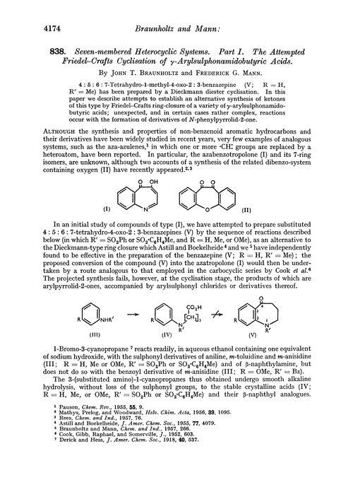 838. Seven-membered heterocyclic systems. Part I. The attempted Friedel–Crafts cyclisation of γ-arylsulphonamidobutyric acids
