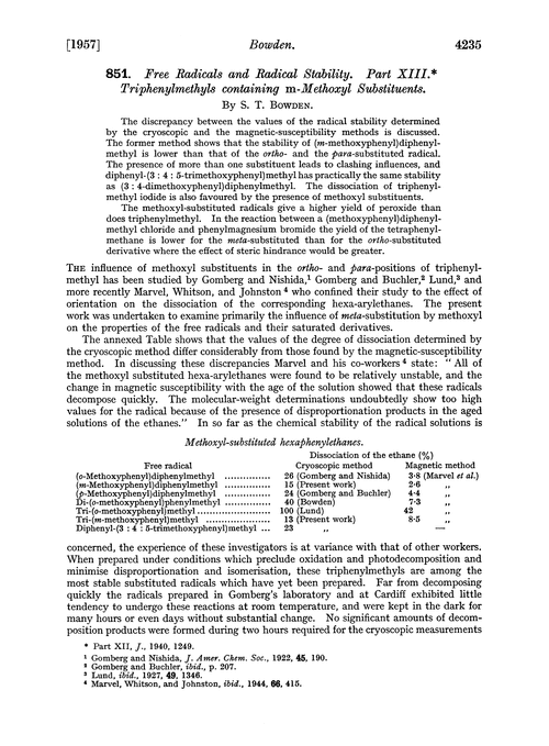 851. Free radicals and radical stability. Part XIII. Triphenylmethyls containing m-methoxyl substituents