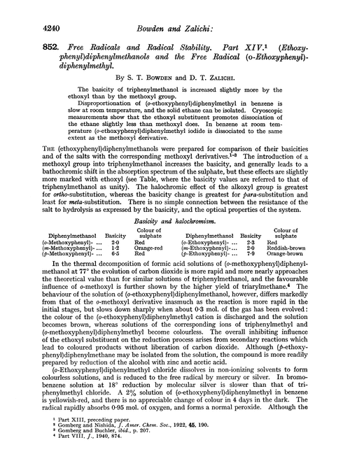 852. Free radicals and radical stability. Part XIV. (Ethoxyphenyl)diphenylmethanols and the free radical (o-ethoxyphenyl)-diphenylmethyl