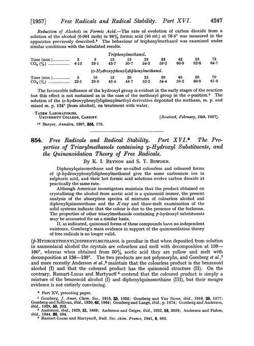 854. Free radicals and radical stability. Part XVI. The properties of triarylmethanols containing p-hydroxyl substituents, and the quinonoidation theory of free radicals