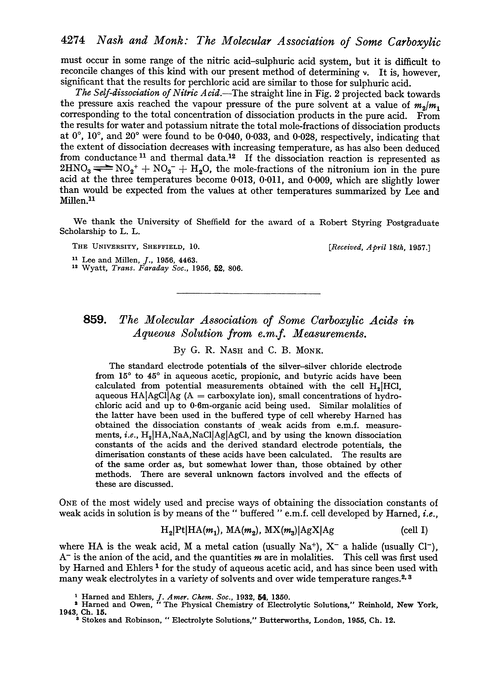 859. The molecular association of some carboxylic acids in aqueous solution from e.m.f. measurements