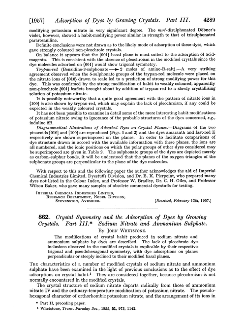 862. Crystal symmetry and the adsorption of dyes by growing crystals. Part III. Sodium nitrate and ammonium sulphate