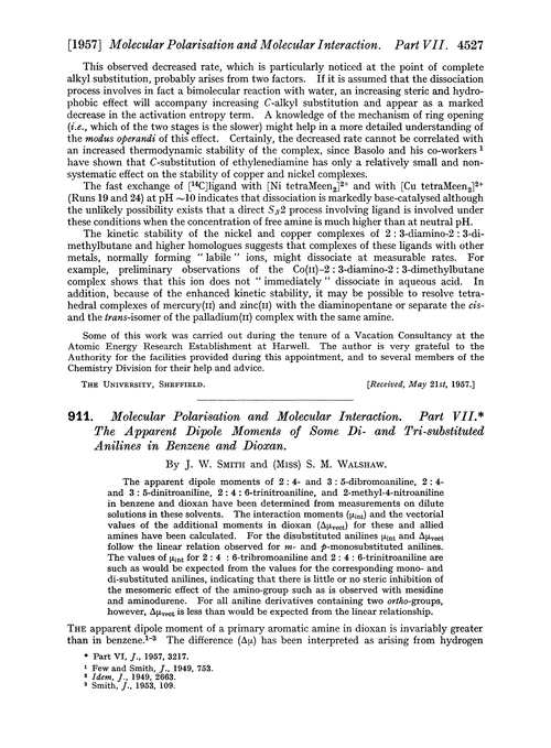 911. Molecular polarisation and molecular interaction. Part VII. The apparent dipole moments of some di- and tri-substituted anilines in benzene and dioxan