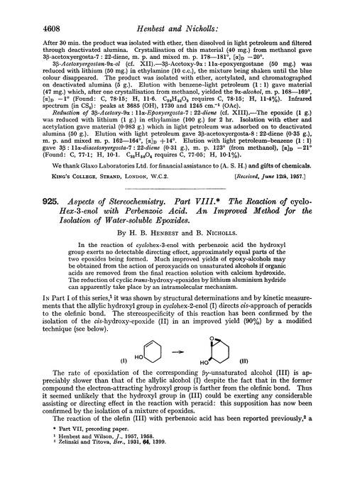925. Aspects of stereochemistry. Part VIII. The reaction of cyclo-hex-3-enol with perbenzoic acid. An improved method for the isolation of water-soluble epoxides