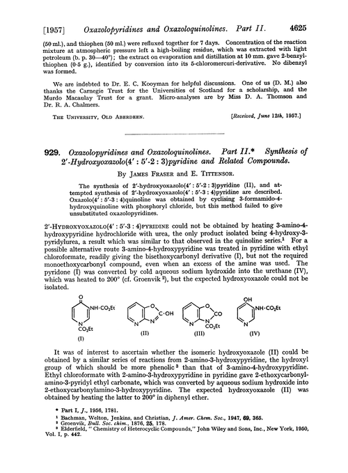 929. Oxazolopyridines and oxazoloquinolines. Part II. Synthesis of 2′-hydroxyoxazolo(4′ : 5′-2 : 3)pyridine and related compounds